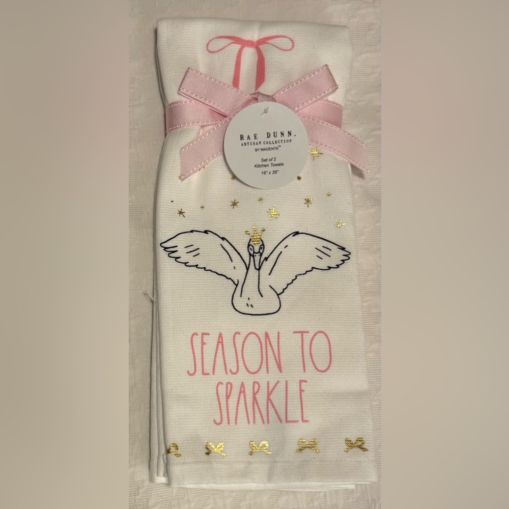 HTF Rae Dunn Pink and Gold Goose Holiday Kitchen Towels NWT